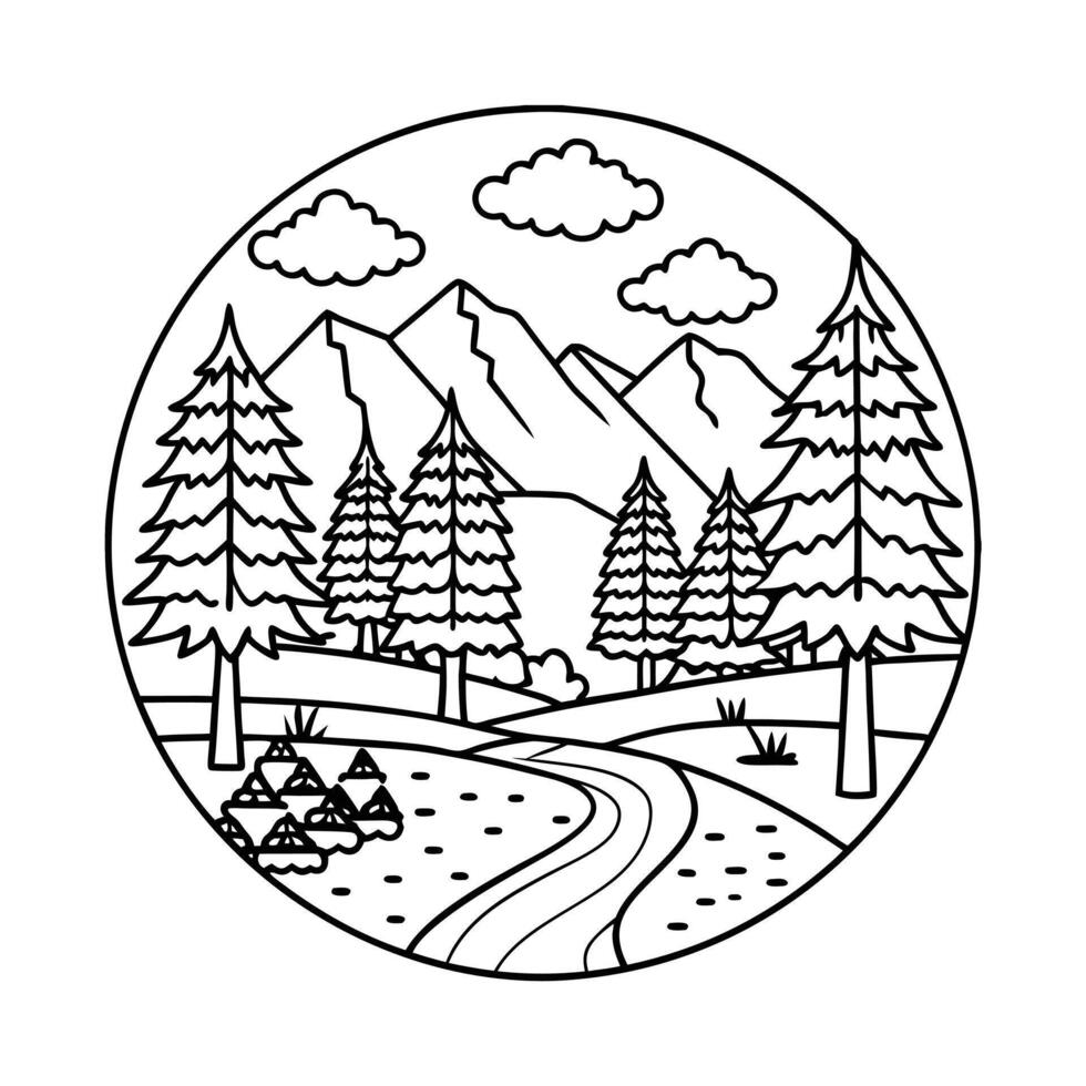 Forest scene with river line art vector