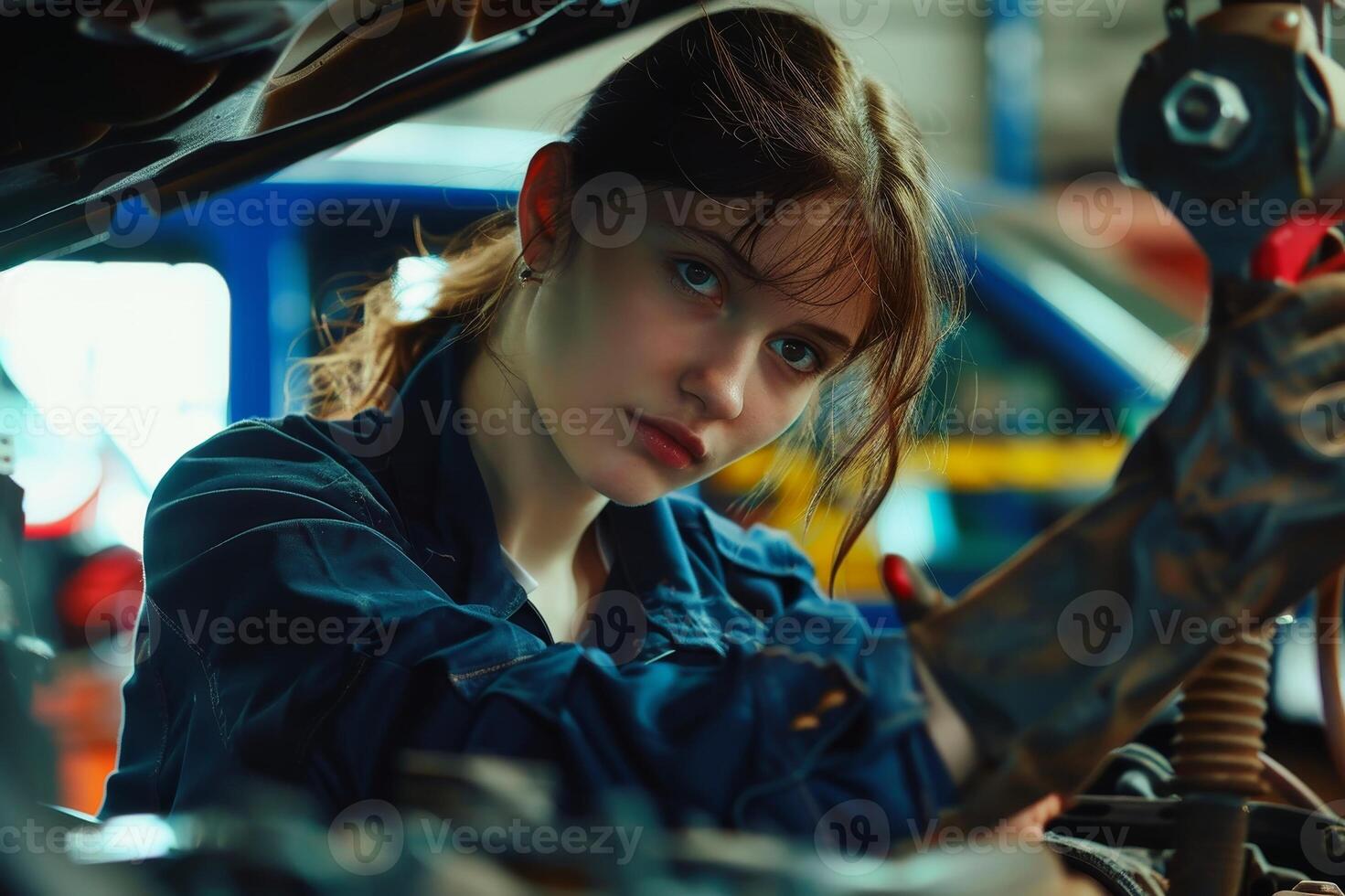 A female car mechanic at work. AI generate photo