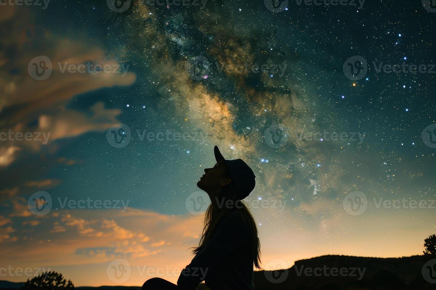 A woman gazing up at a breathtaking view of the Milky Way galaxy. AI generate photo