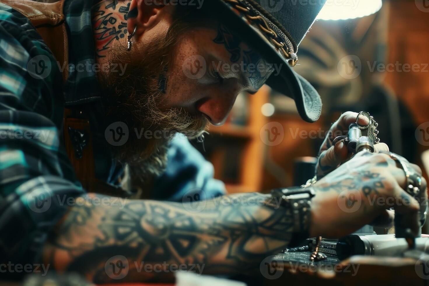 A tattoo artist meticulously creating a tattoo. AI generate photo