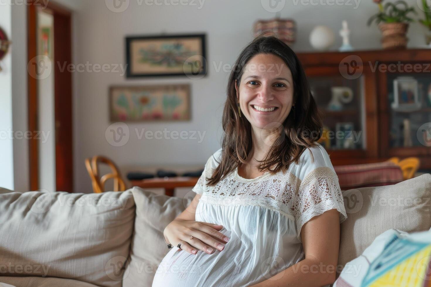 A pregnant woman in her living room looking happy. AI generate photo
