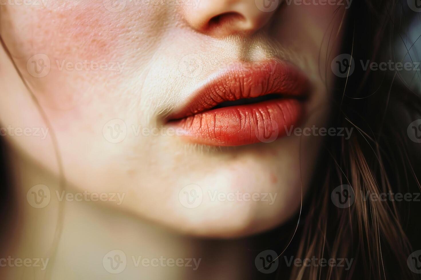 Close up of a womans lips with a hint of a smile showcasing sensuality and allure. AI generate photo