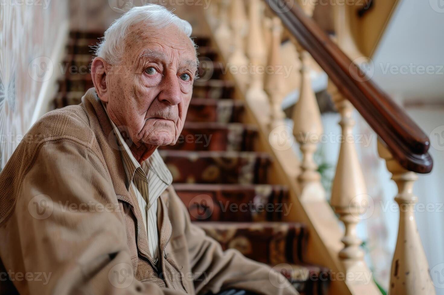 A pensioner having problems getting up stairs. AI generate photo
