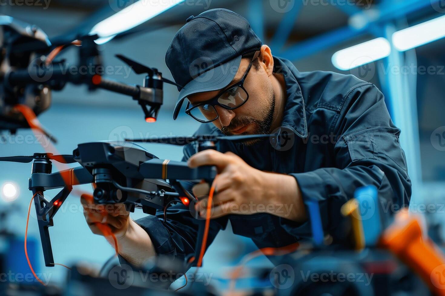 A drone mechanic carefully inspecting and repairing a commercial drone. AI generate photo