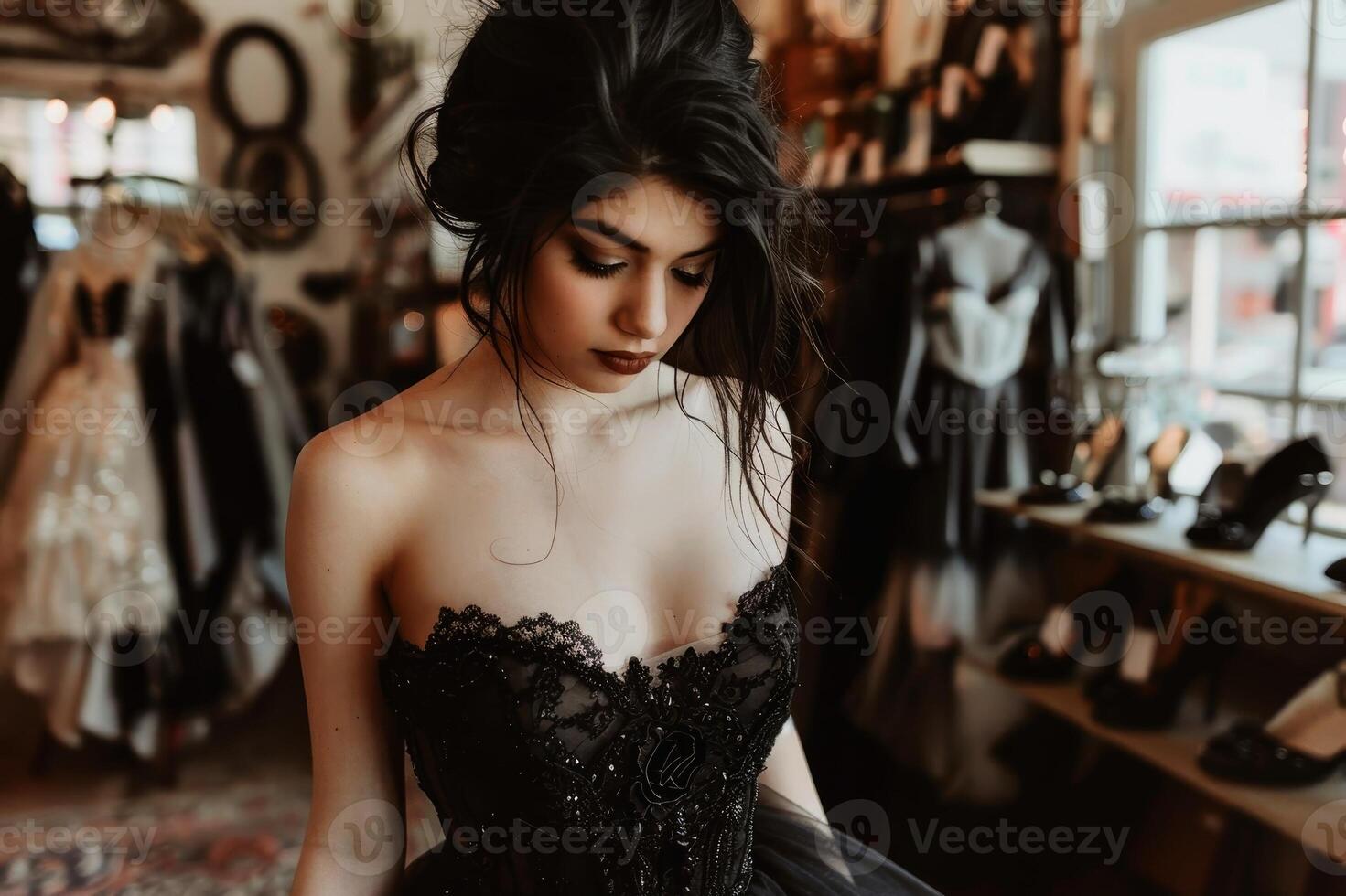 A bride tries on a black wedding dress in a store and looks like a gothic goddess. AI generate photo