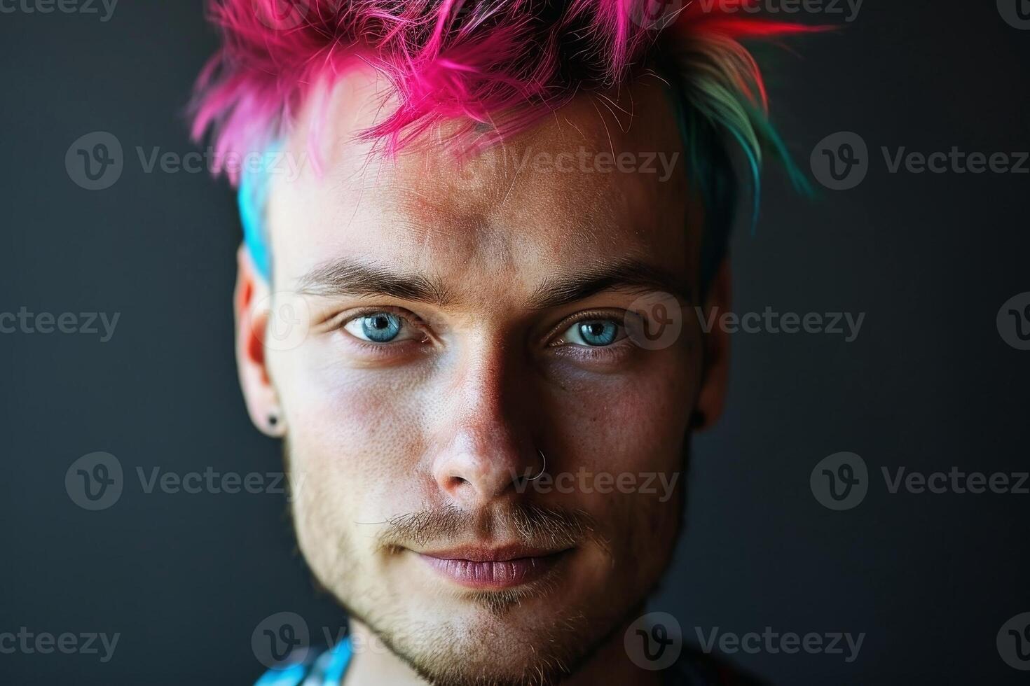 Portrait of a man with a colorful punk haircut. AI generate photo
