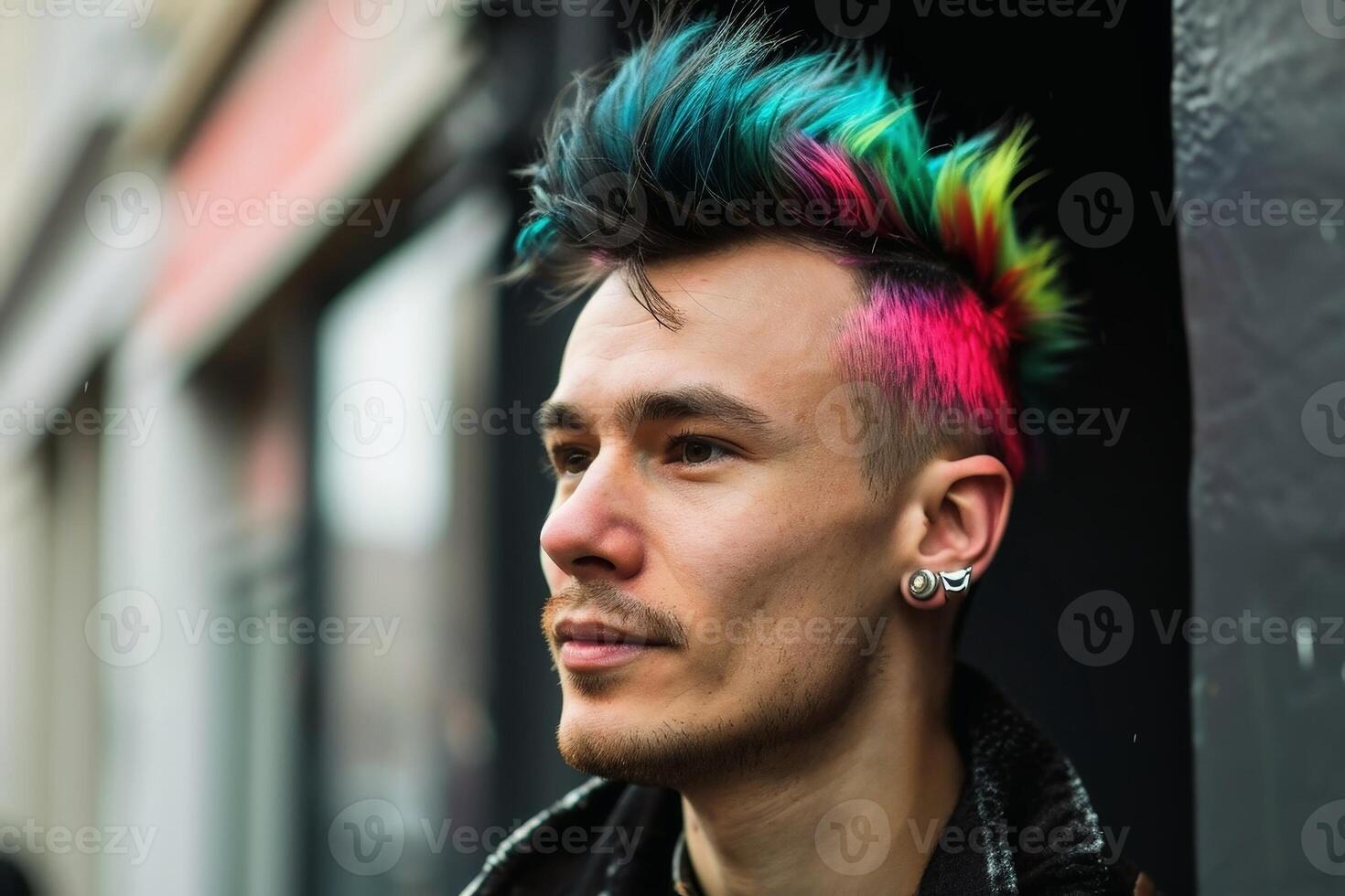 Portrait of a man with a colorful punk haircut. AI generate photo