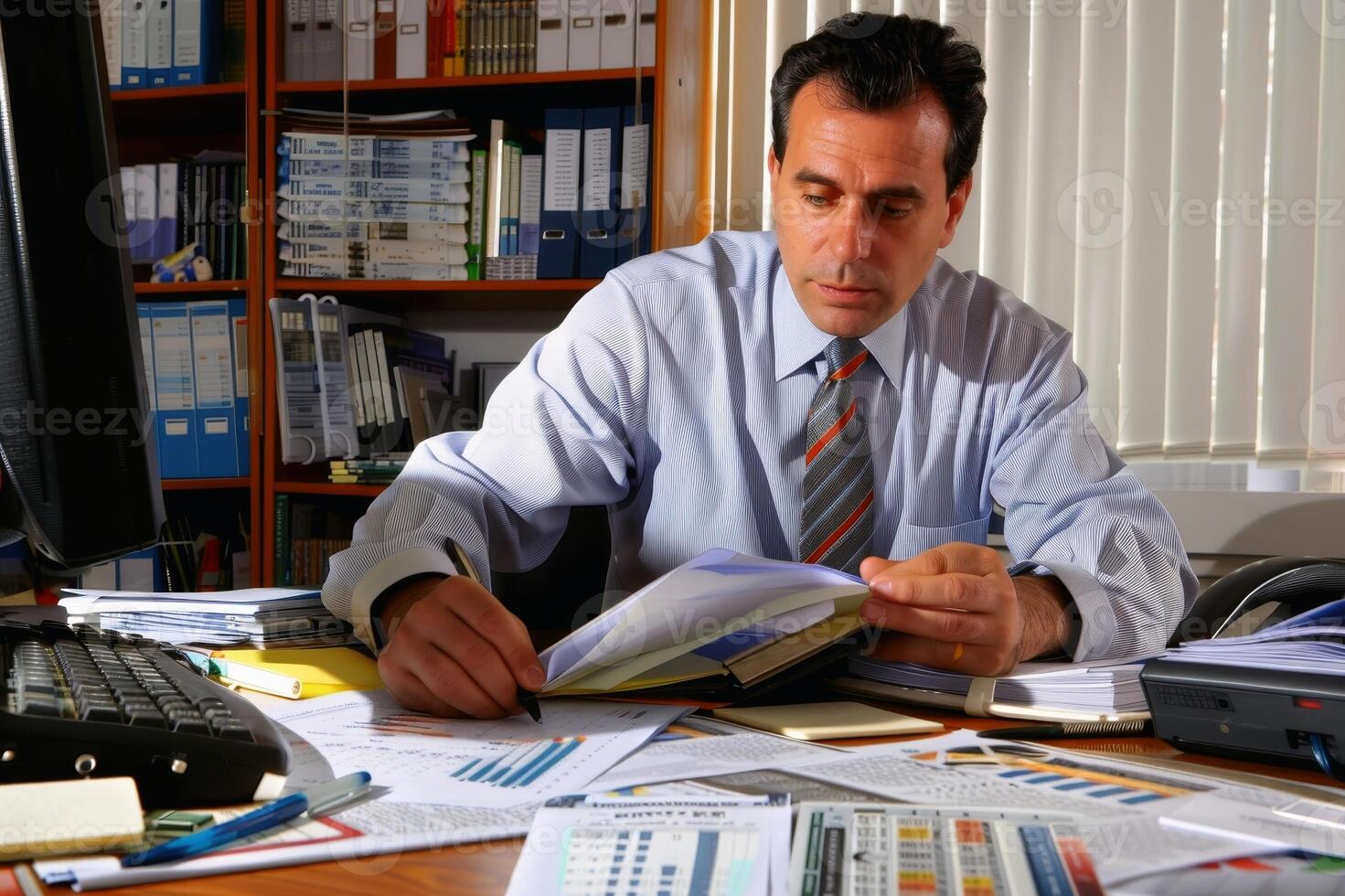 An accountant at work at his desk. AI generate photo