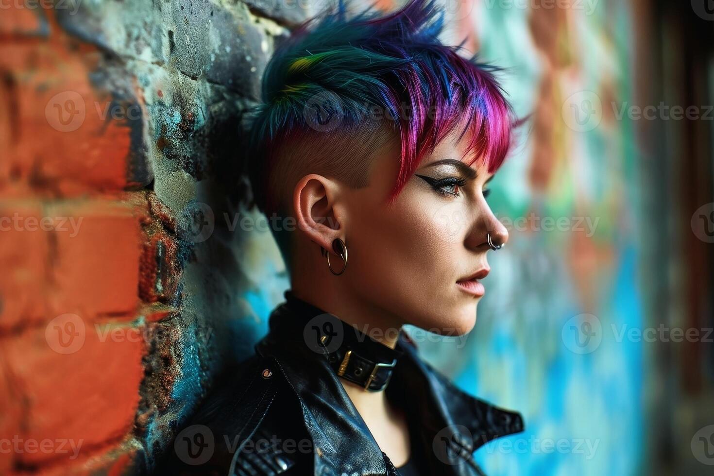 Portrait of a woman with a colorful punk haircut. AI generate photo