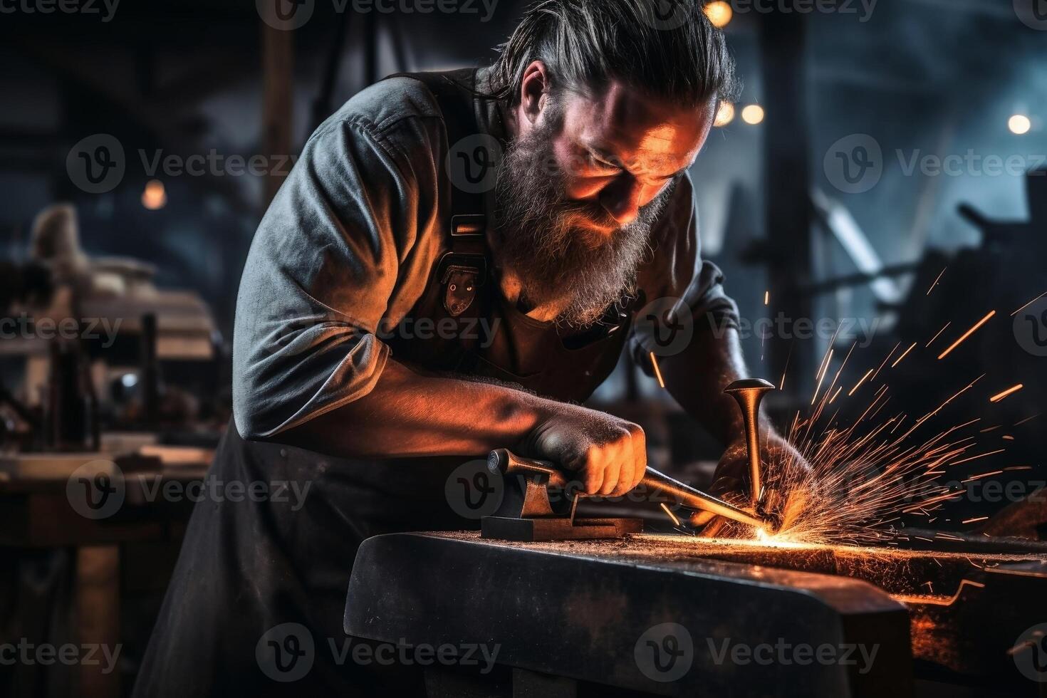 A smith at work at his anvil. AI generate photo