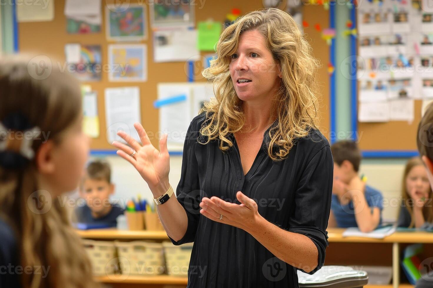A passionate teacher leading a diverse classroom discussion. AI generate photo
