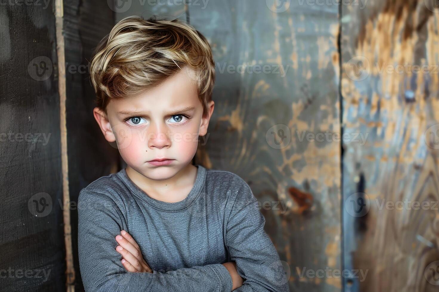 An offended little boy with his arms crossed. AI generate photo