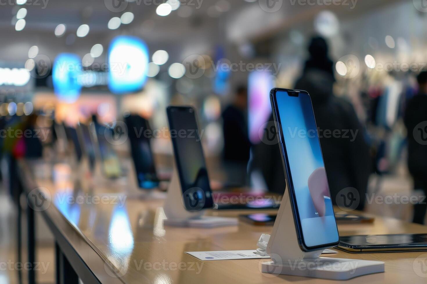 A smartphone store with the latest smartphones and people with a soft bokeh in the background. AI generate photo