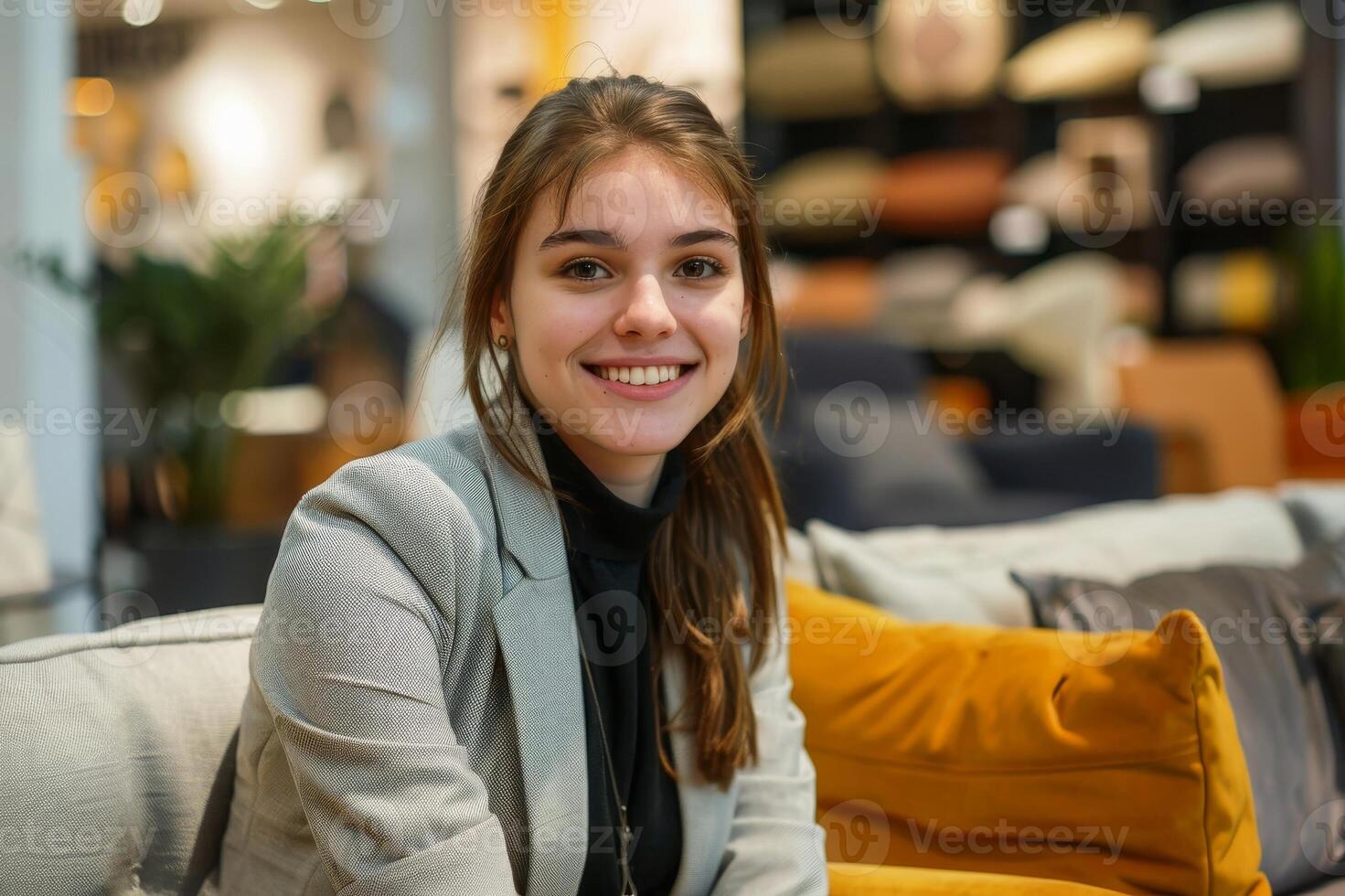 A friendly salesperson in a furniture store. AI generate photo