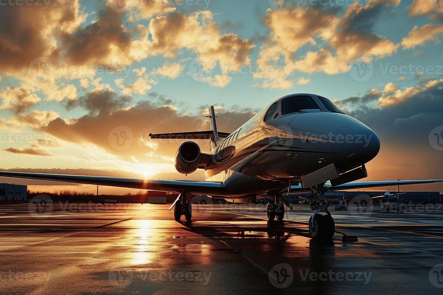 A luxury private jet on the runway at sunset. AI generate photo