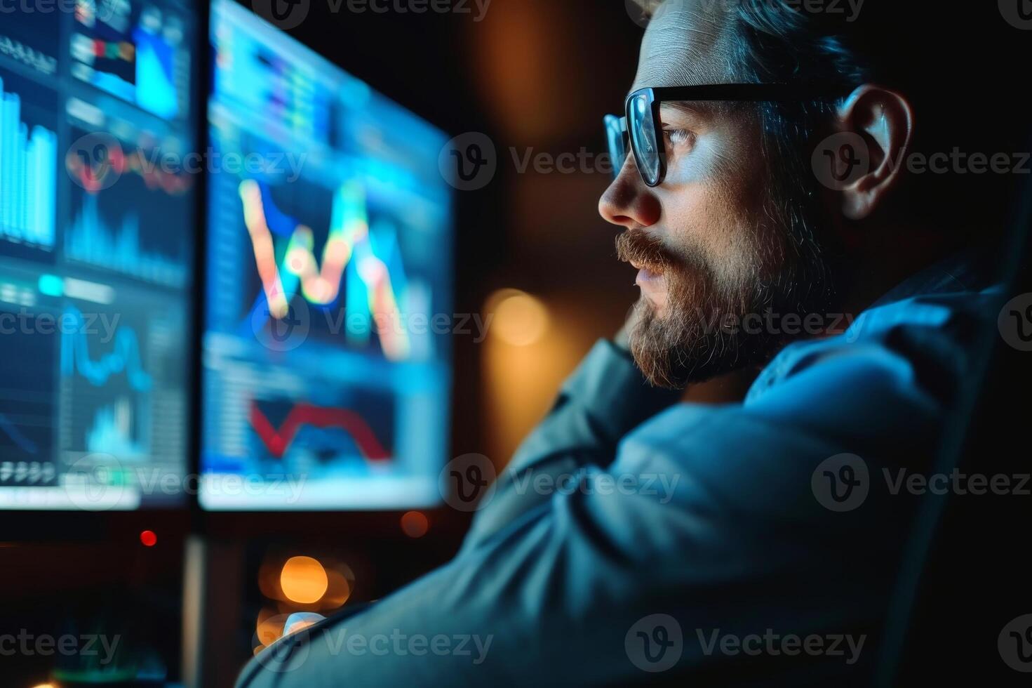 A man with a determined expression studying data on a computer screen. AI generate photo