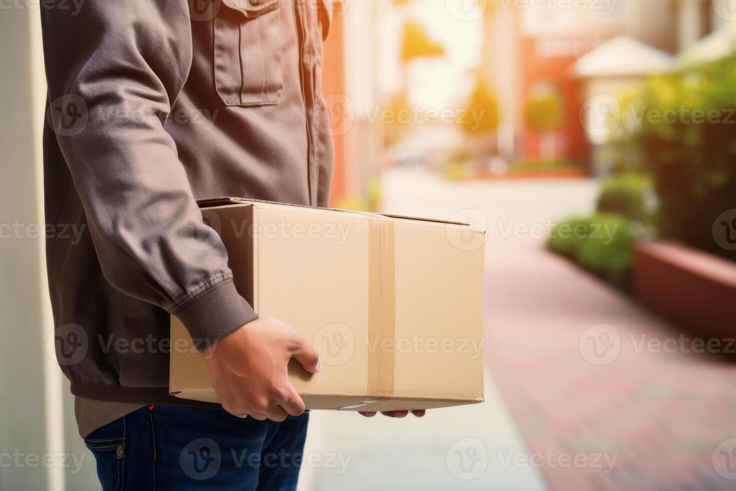 A parcel carrier brings a parcel to a front door. AI generate photo