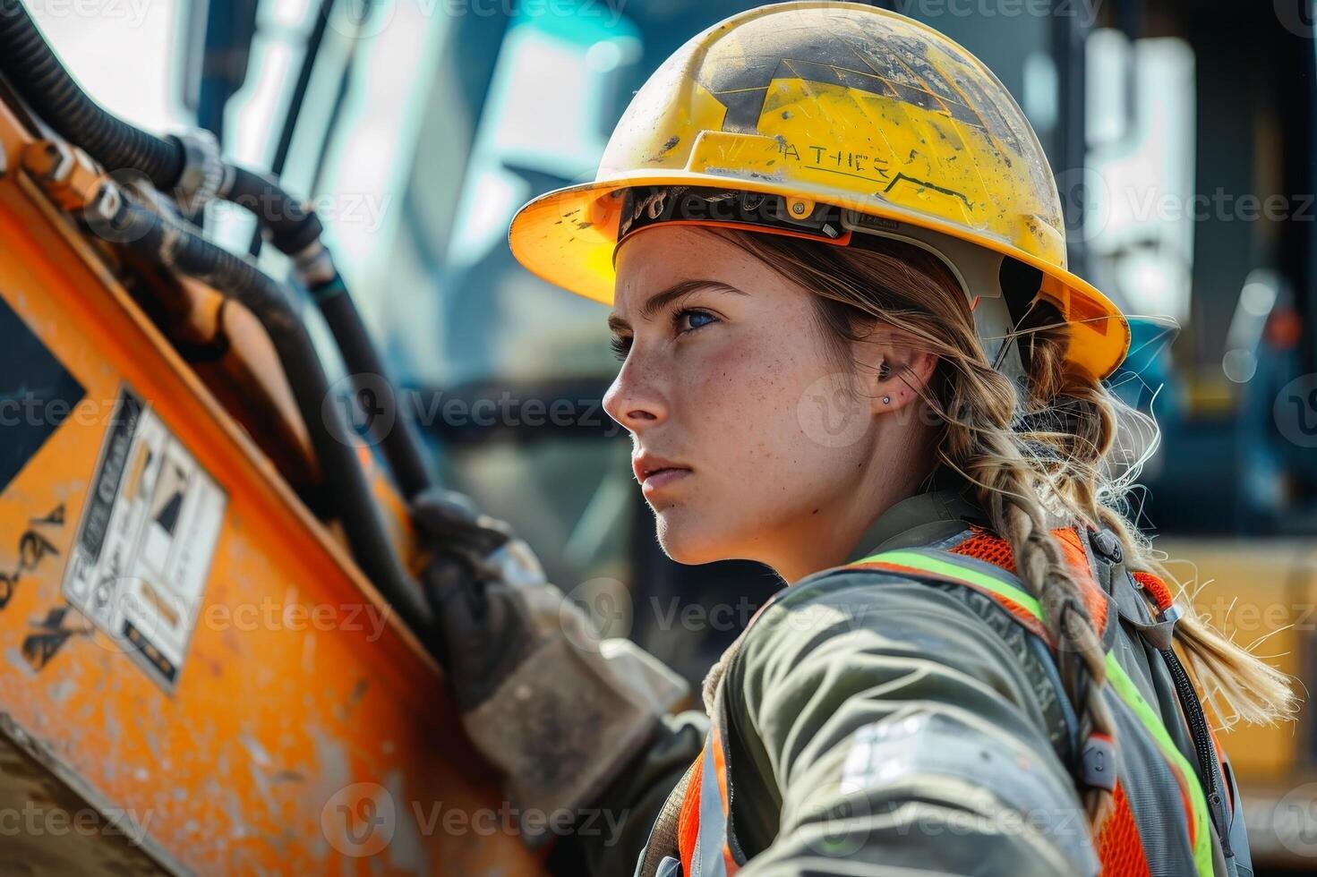 A woman in a hard hat and work clothes operating heavy machinery on a construction site. AI generate photo