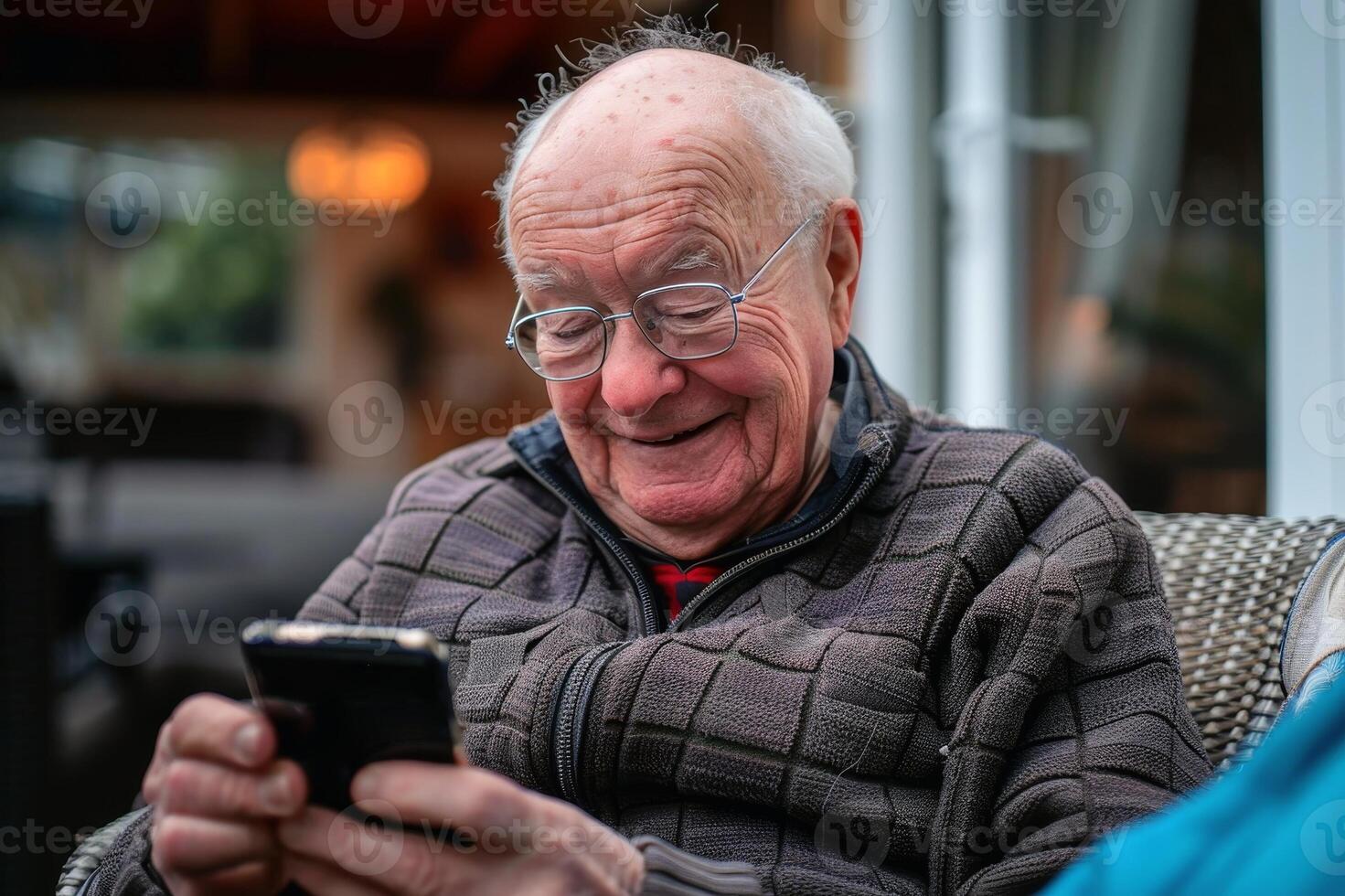 A pensioner enjoying the new smartphone. AI generate photo