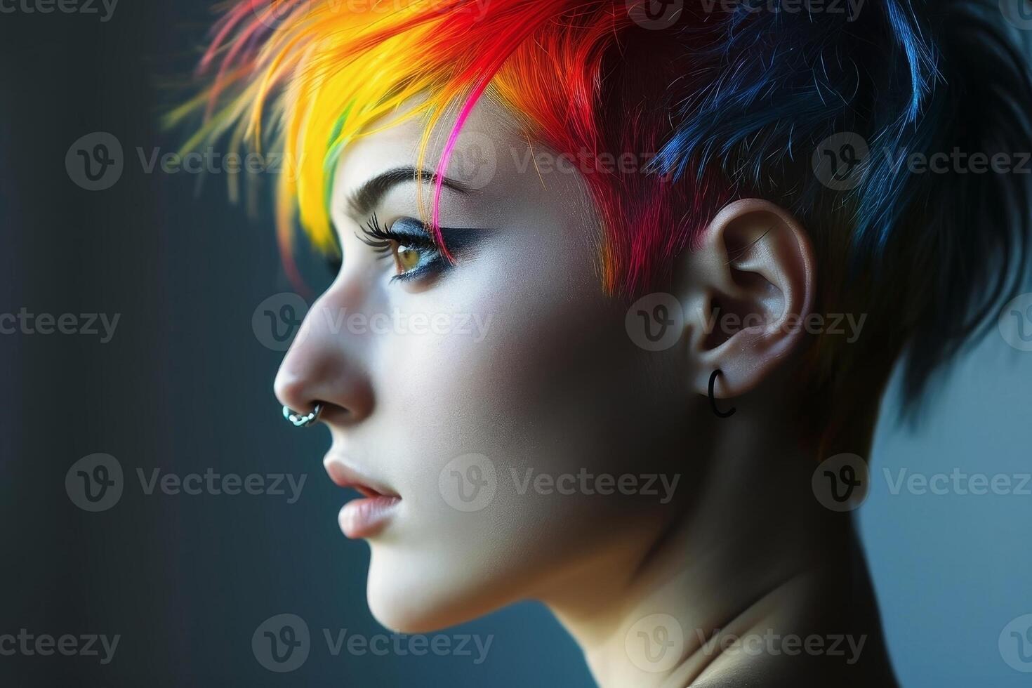 Portrait of a woman with a colorful punk haircut. AI generate photo