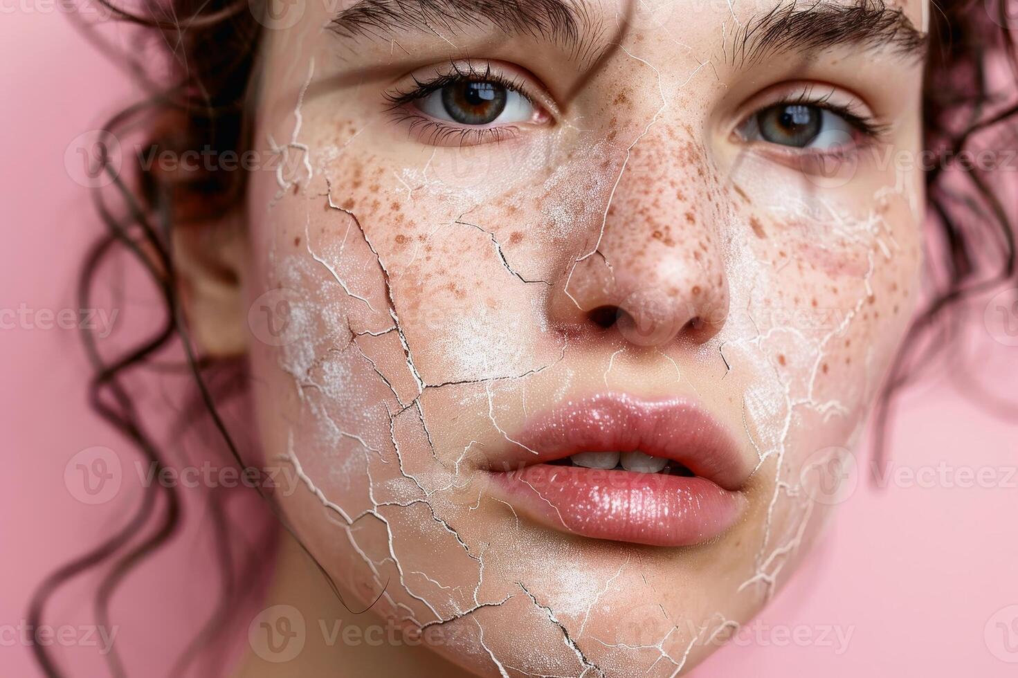 A woman with flaking makeup in close up. AI generate photo