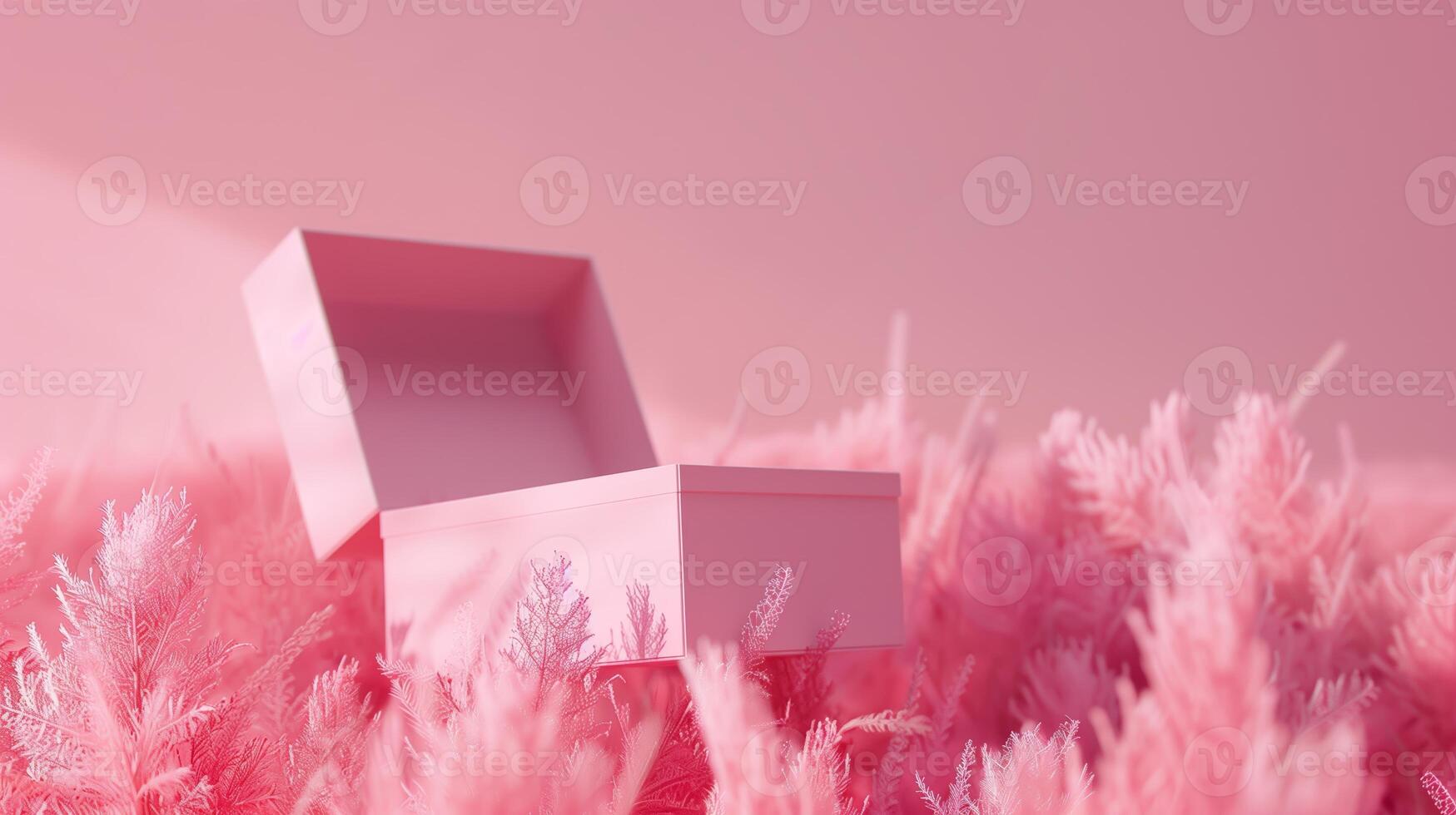 A pink gift box with an open lid surrounded pink grass. photo