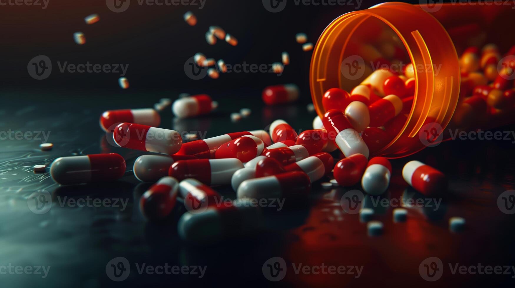 Red and white pills spilling out of an orange bottle on a dark background. photo