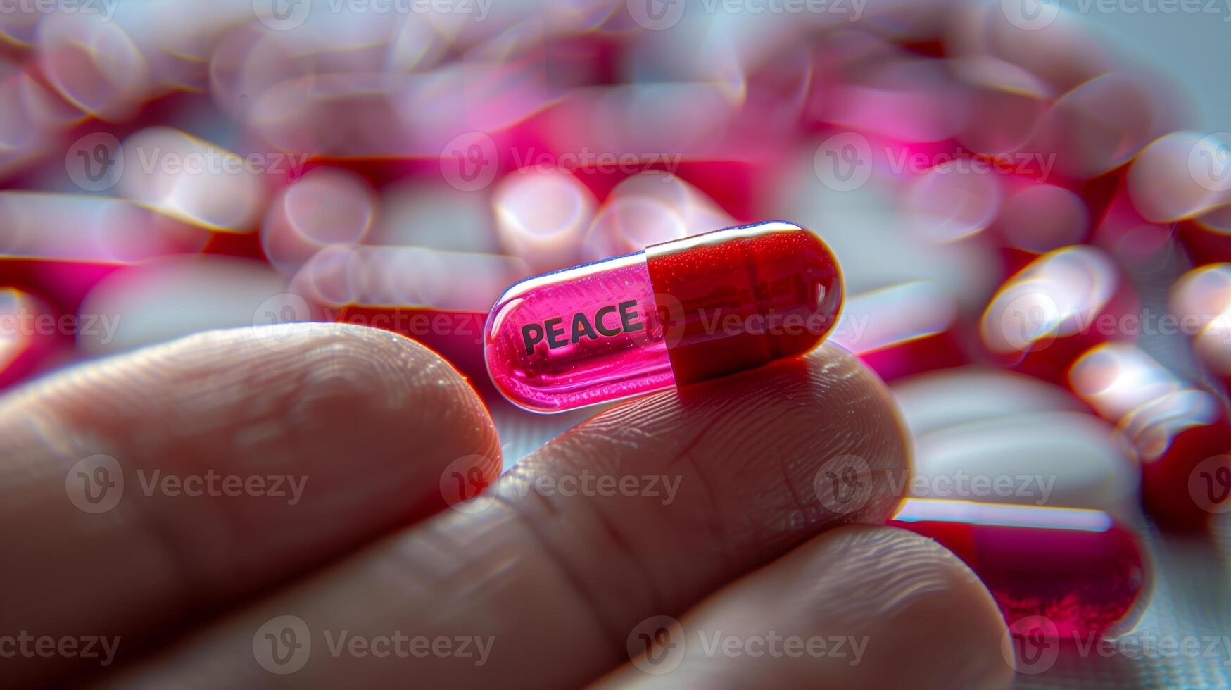 Fingers holding a color mini pill with text PEACEon a soft background. photo
