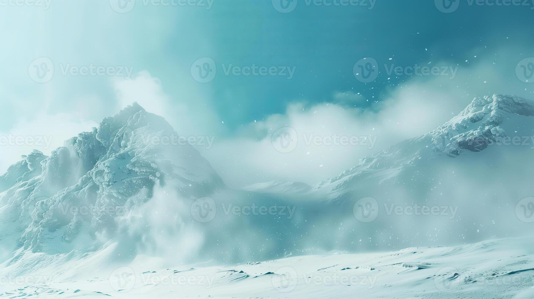 A minimalist background with snow, mountains and clouds. photo