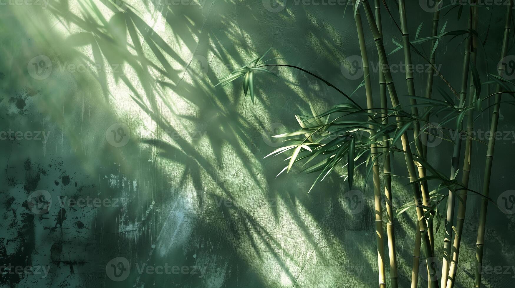 Light shines on the bamboo, casting shadows on the dark green Chinese-style wall. photo