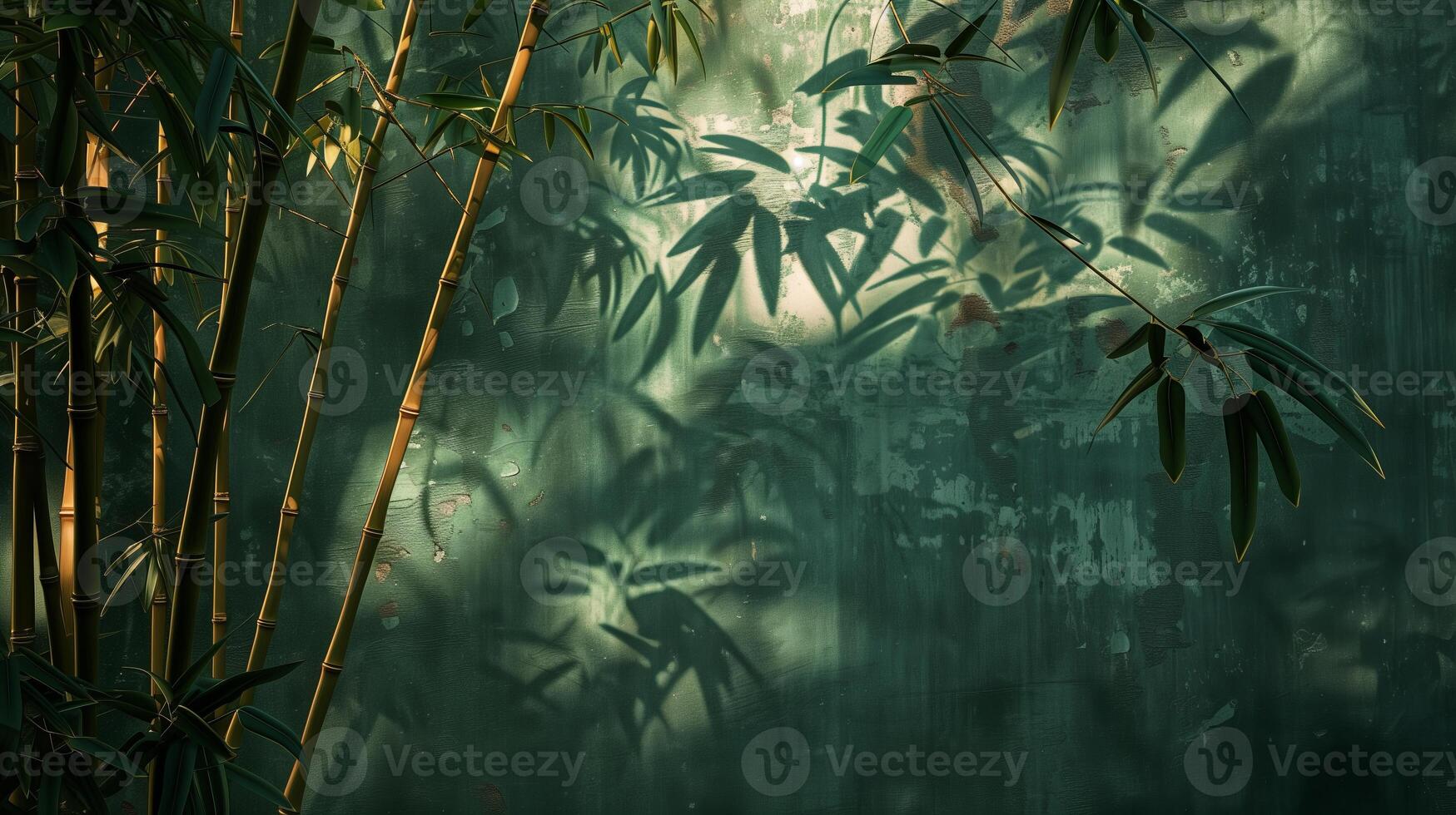 Light shines on the bamboo, casting shadows on the dark green Chinese-style wall. photo
