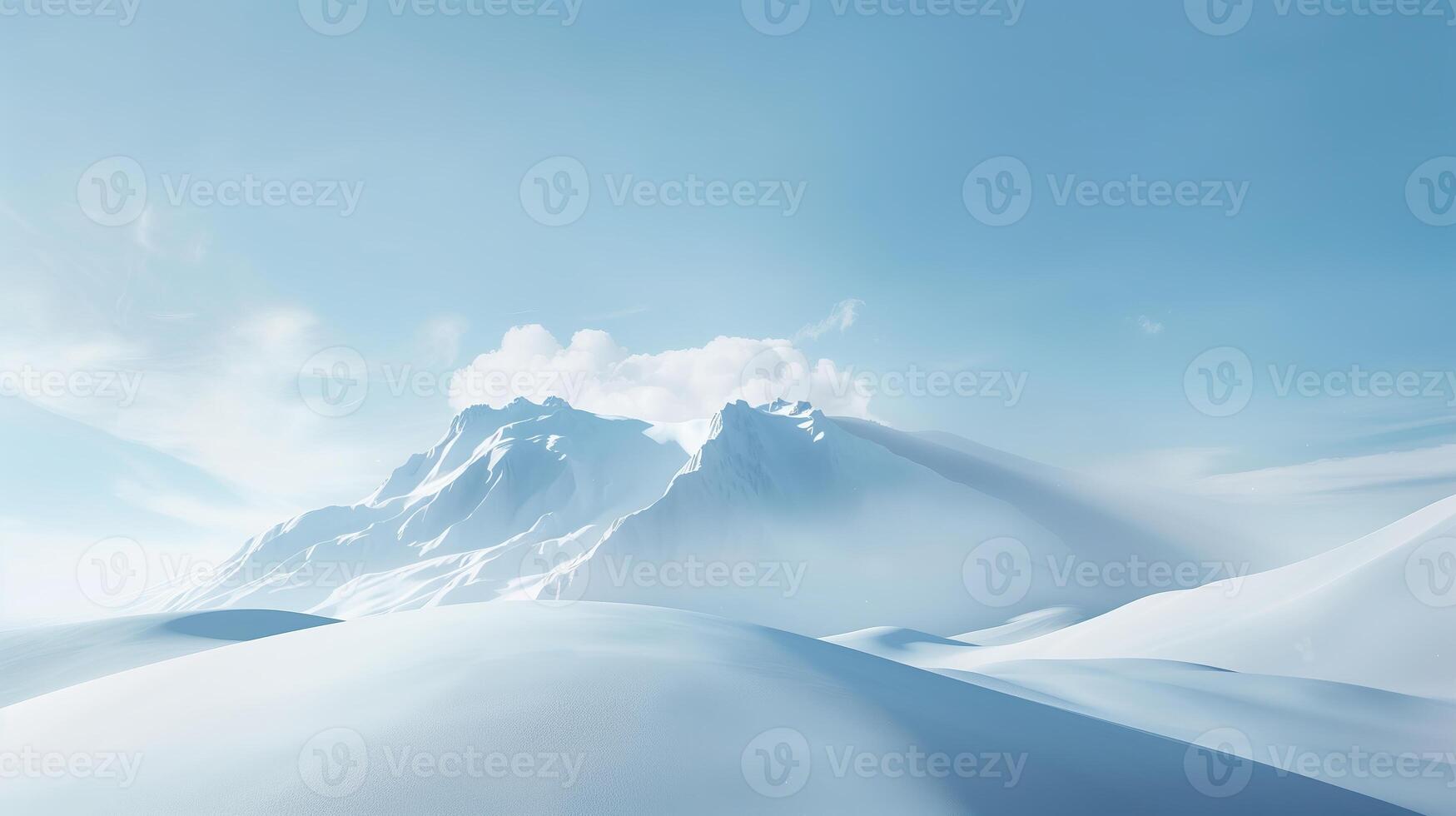 A minimalist background with snow, mountains and clouds. photo
