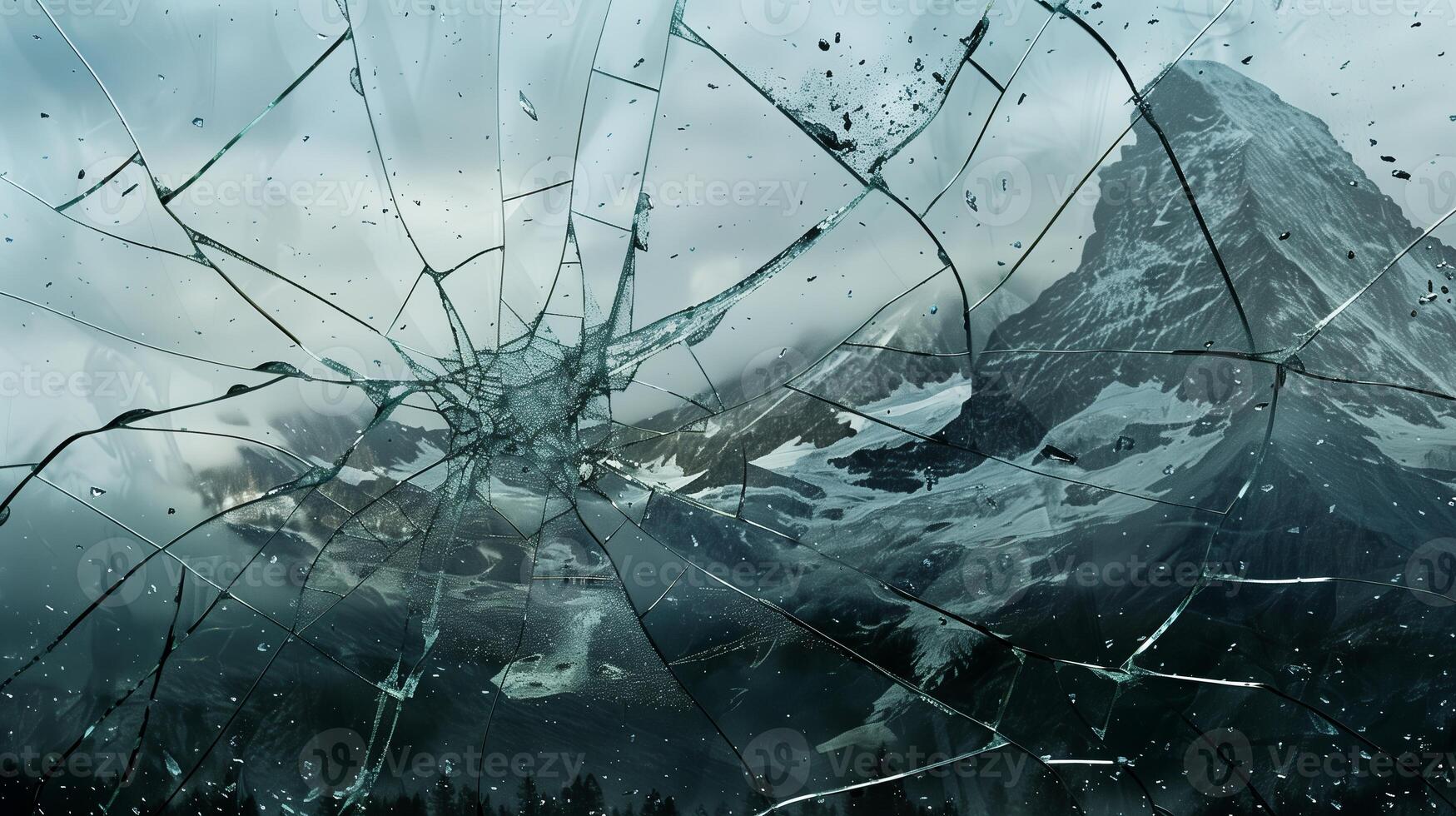 A shattered glass with cracks and fractures to create the mountain range. photo