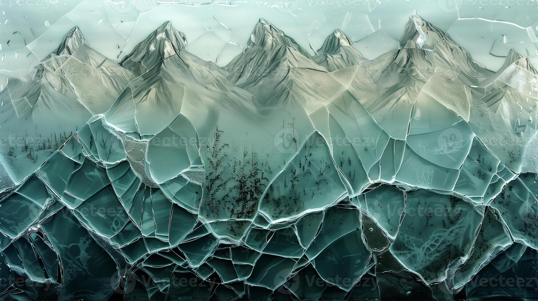 A shattered glass with cracks and fractures to create the mountain range. photo