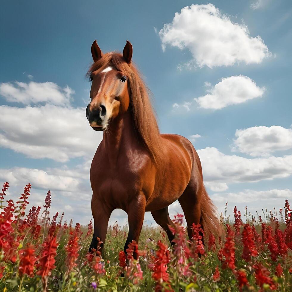 Cute Red horse with long mane in flower field photo