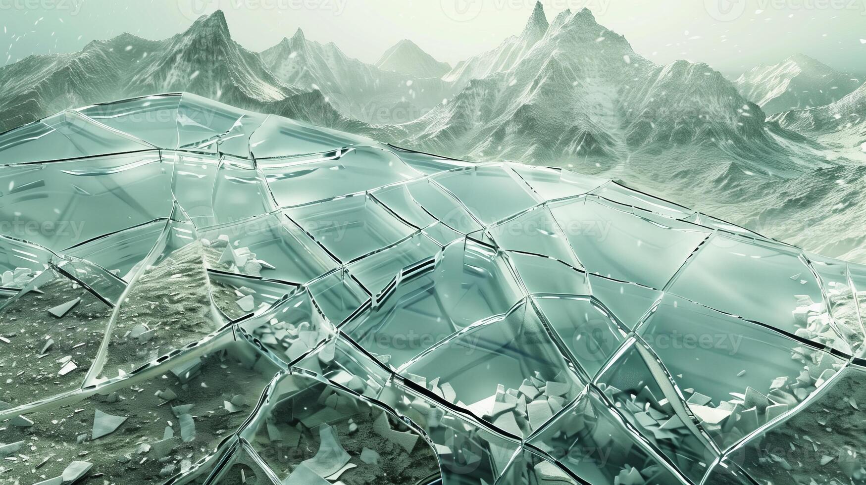 A shattered glass with cracks and fractures to create the mountain range. photo