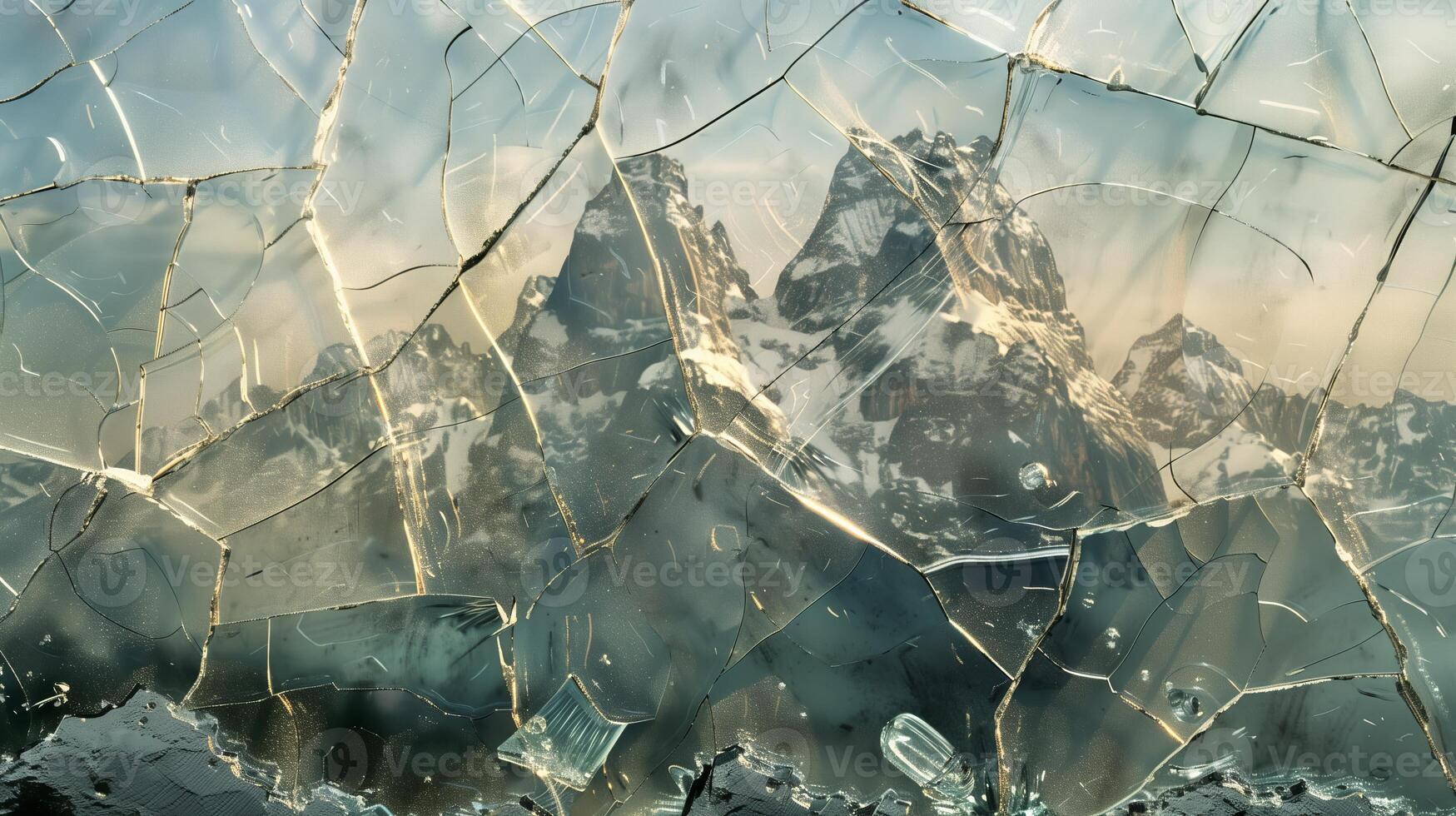 A shattered glass with cracks and fractures to create the mountain range. photo