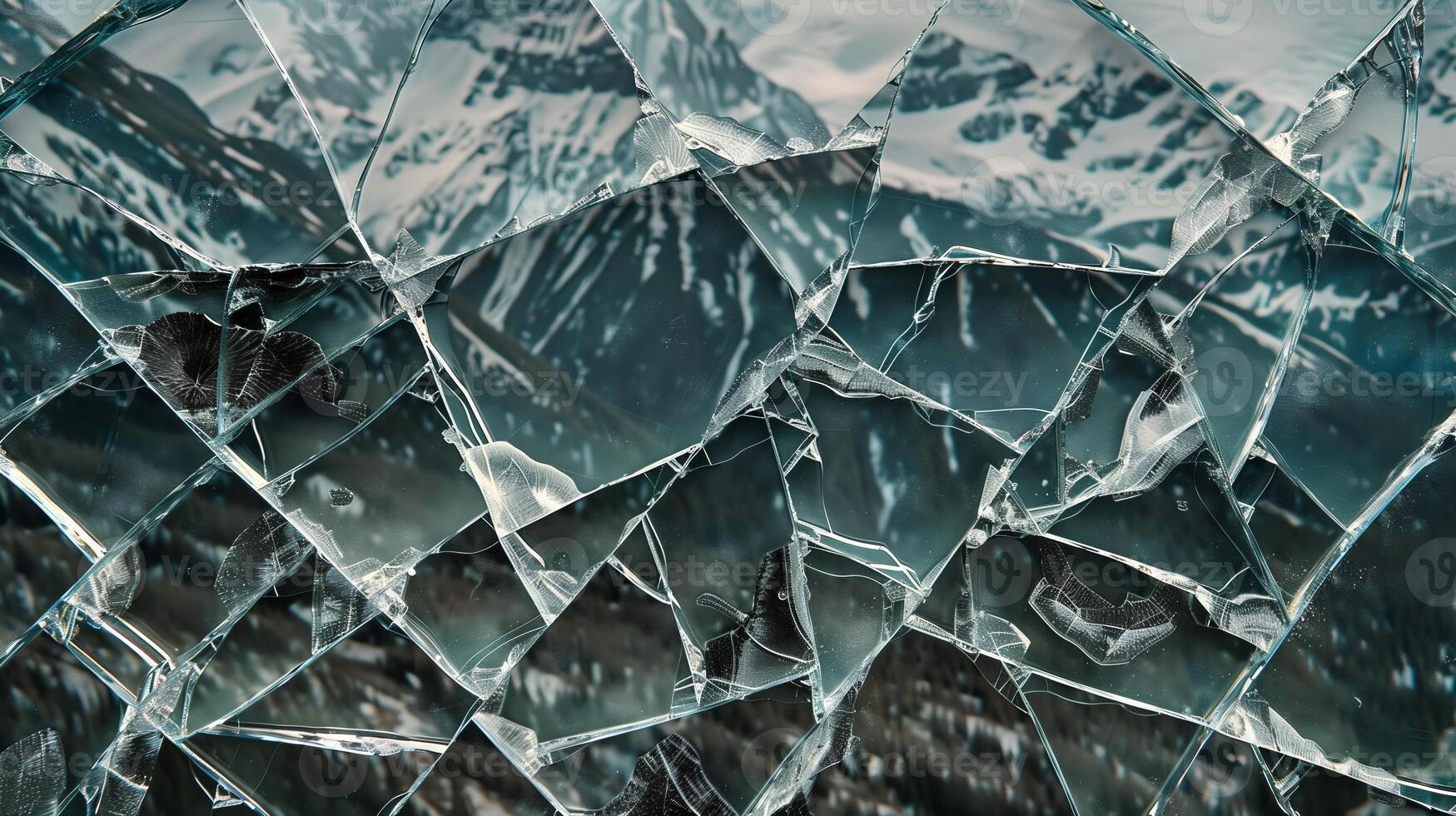 A shattered glass with cracks and fractures to create the mountain range. photo