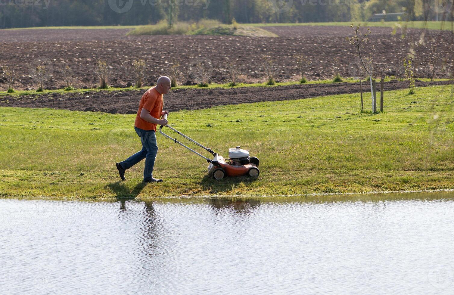 Photo of a middle-aged man mowing the grass at the pond during the beautiful spring evening.