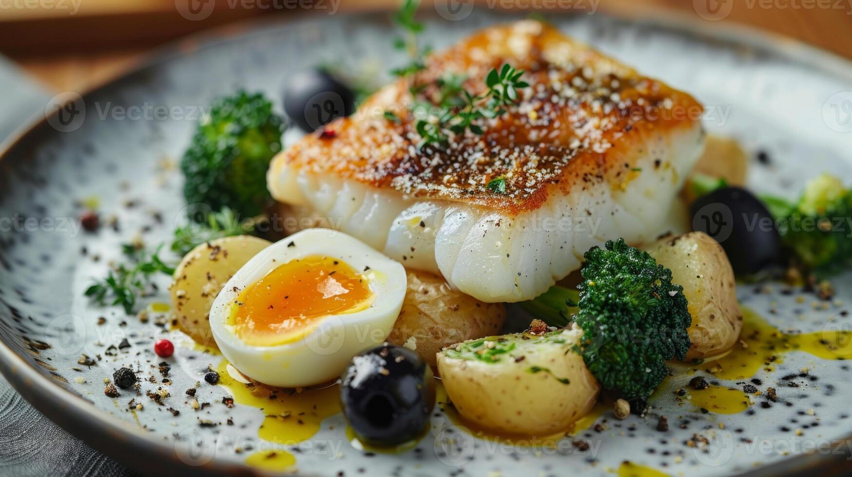 Cod loin fillet being served on plate with potatoes, broccoli and boiled egg photo