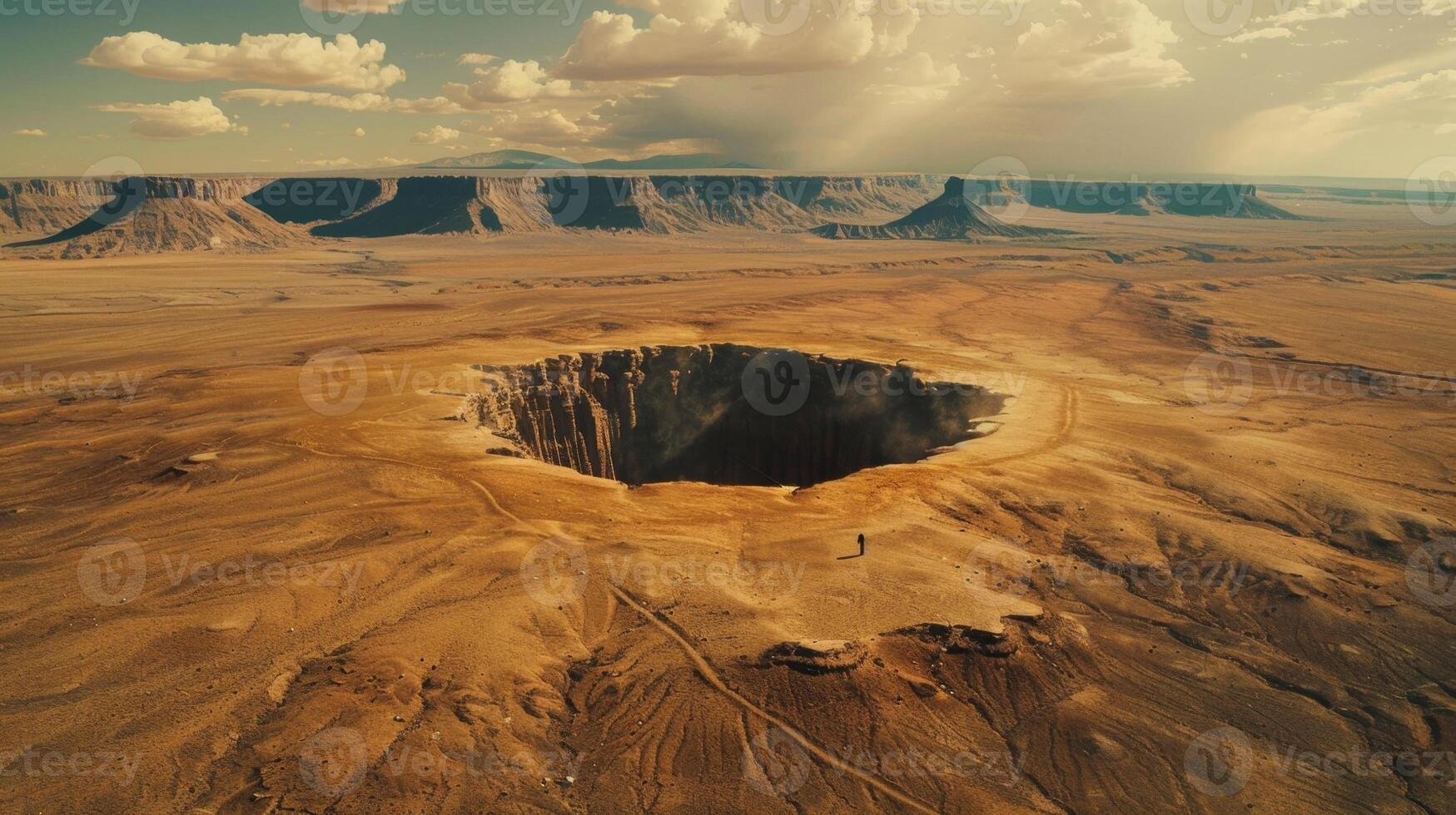 Man contemplating immense sinkhole in the middle of the desert photo