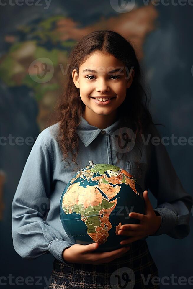 International student day and education concept - smiling girl with earth globe at school photo