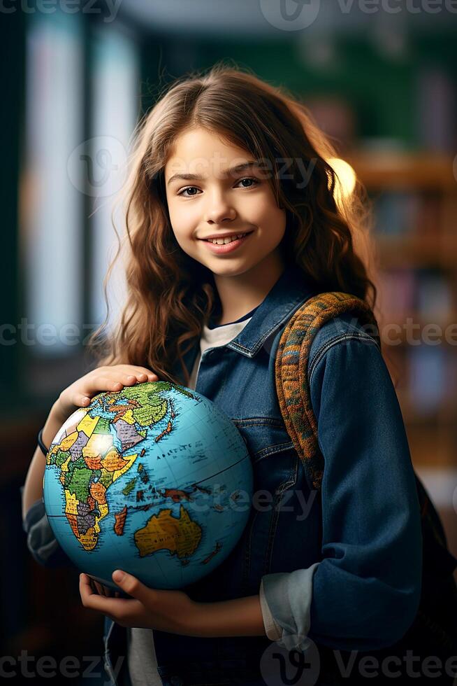 International student day and education concept - smiling girl with earth globe at school photo