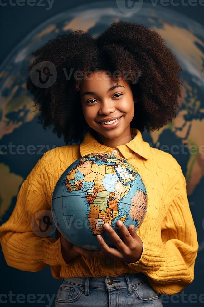 International student day and education concept - smiling girl with earth globe at school photo