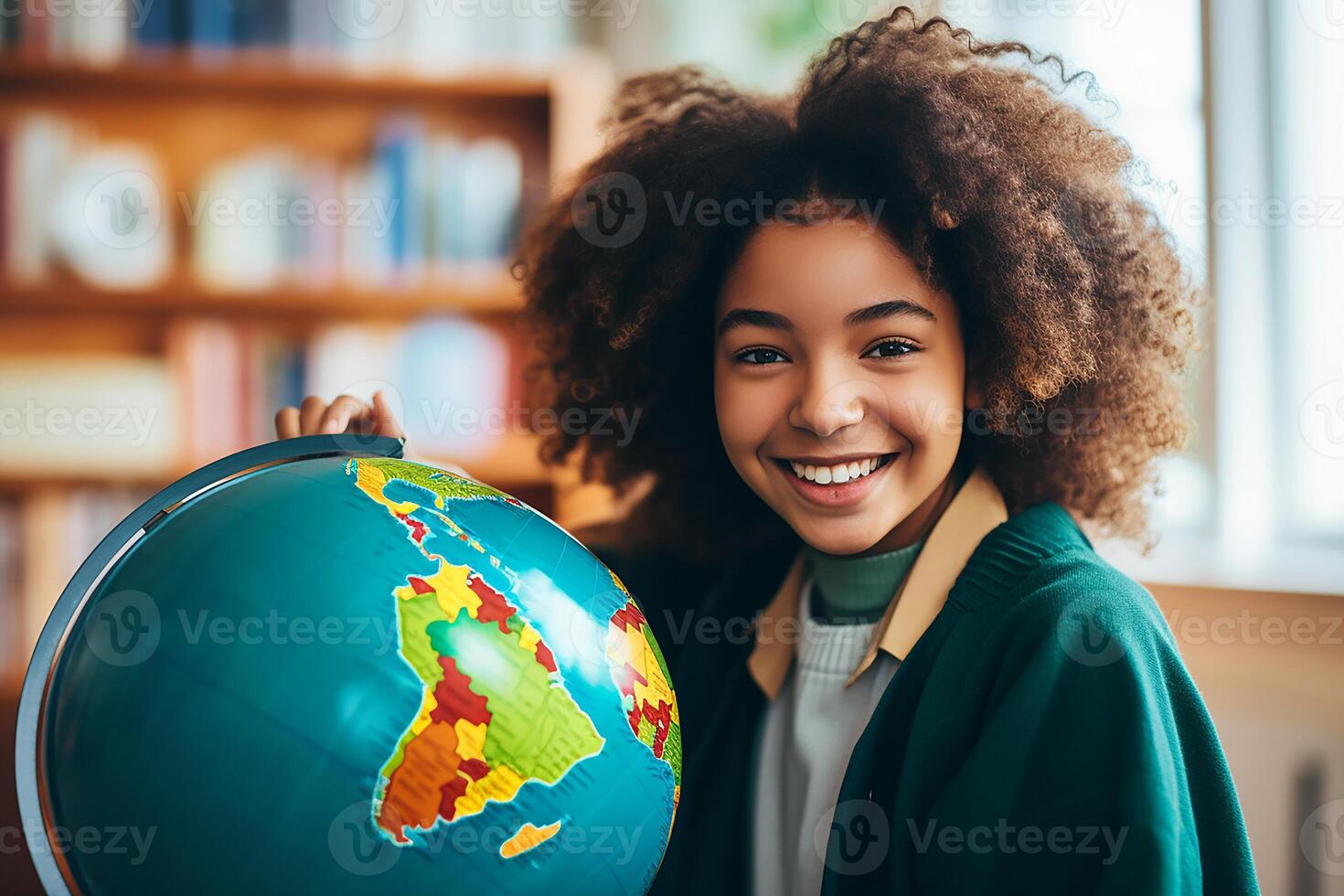 International student day and education concept - smiling girl with earth globe at school photo