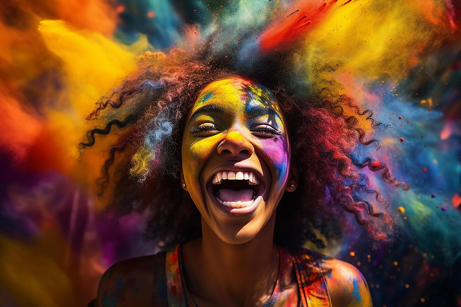 Cheerful young woman having fun in colorful powder dust explosion at happy holi festival party photo