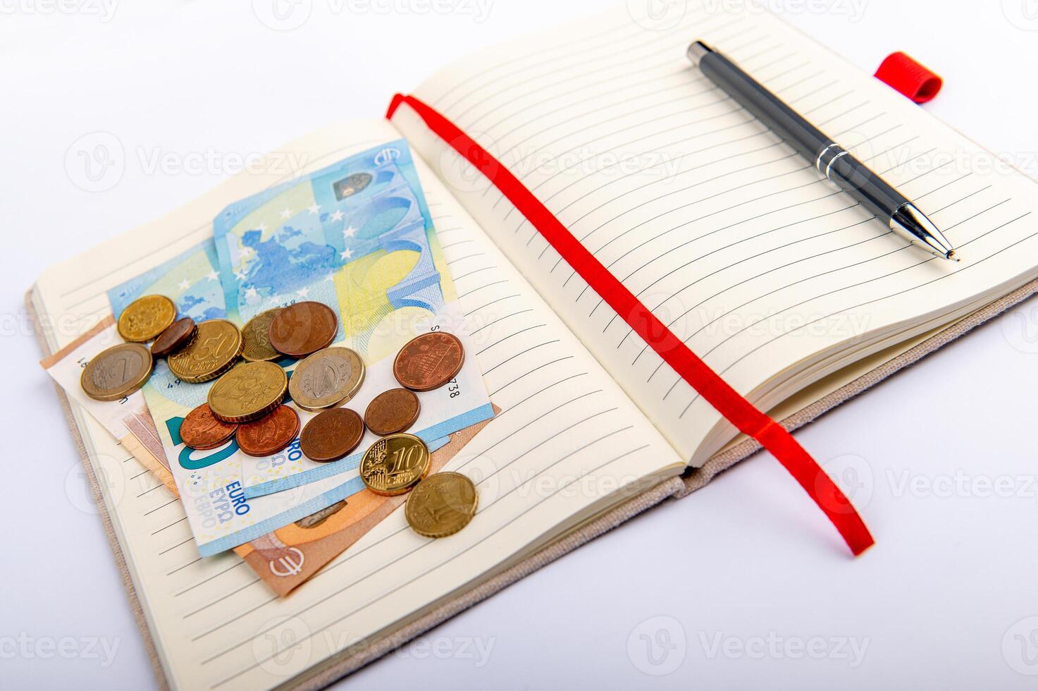 money and pen on an open planner, financial analytics concept, calculating budget, currency balance photo