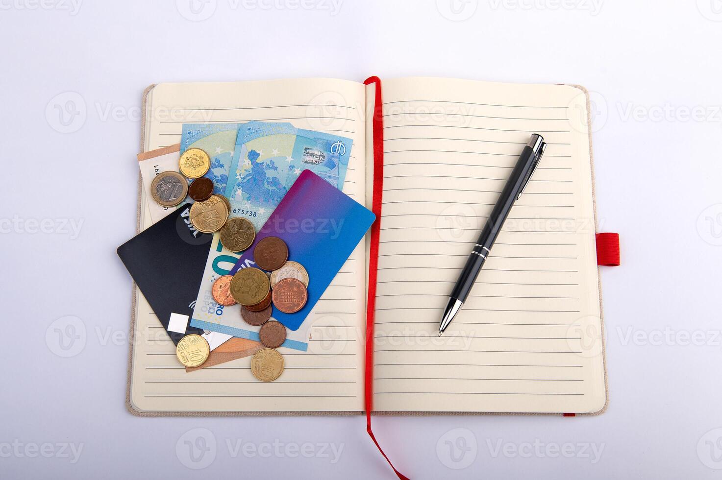 money and pen on an open planner, financial analytics concept, calculating budget, currency balance photo