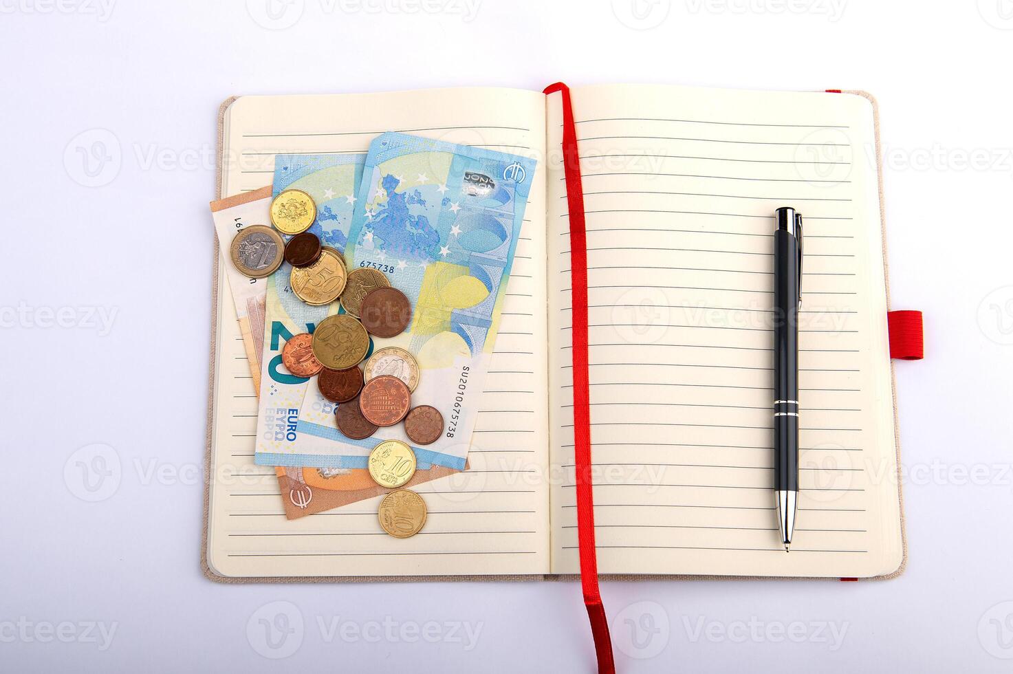 money and pen on an open planner, financial analytics concept, calculating budget, currency balance photo