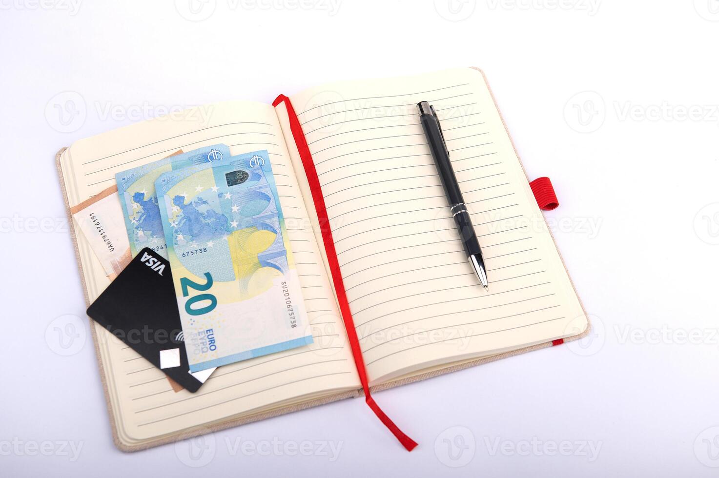 money and pen on an open planner, financial analytics concept, calculating budget, currency balance photo